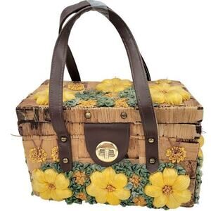 HP Vintage by Patricia Yellow Flower Rafia Cottagecore Basket Box Bag Handbag‎